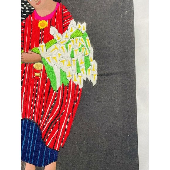 Solola Black Stretched Folk Art Embroidered Spanish Textile Frameless Picture - Picture 11 of 12